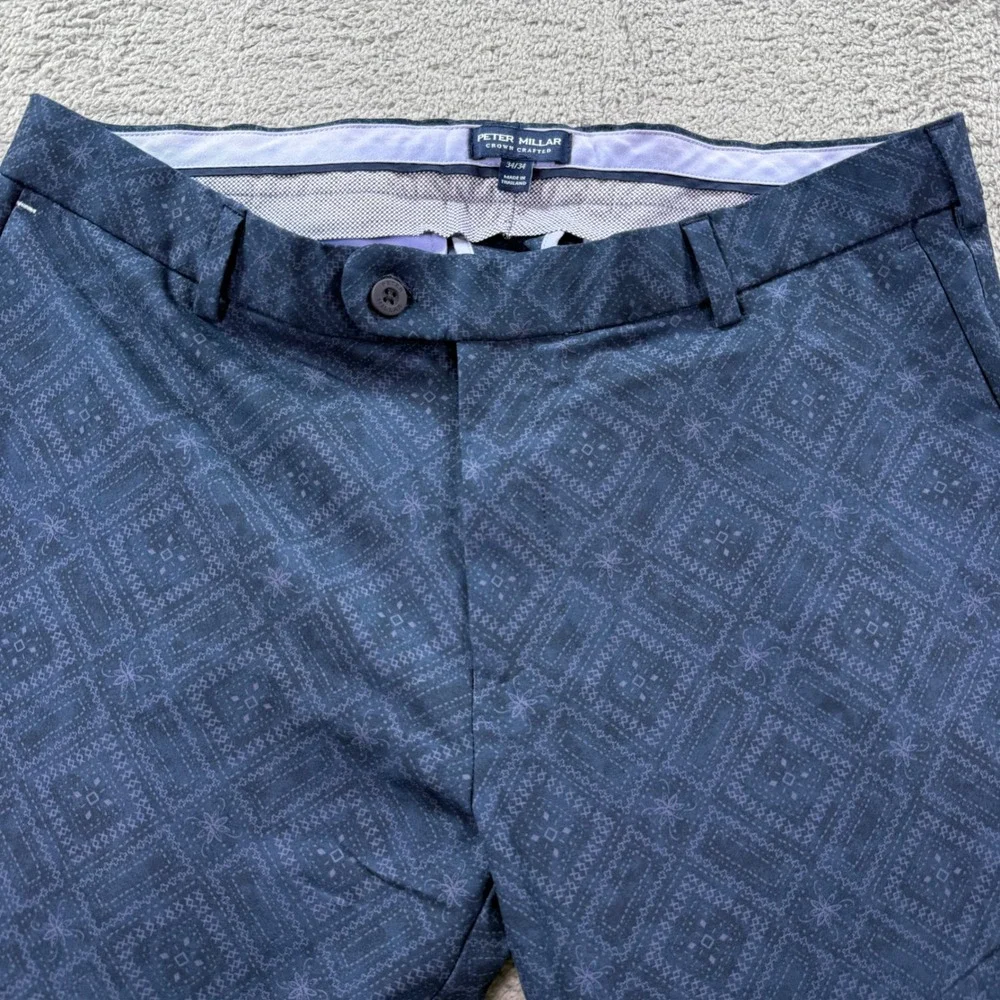 Peter Millar Crown Crafted Mens 34x34 Navy Blue Geometric Diamond Print Pants
